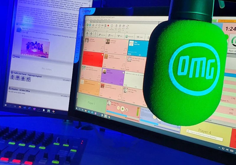 OMG Radio Studio, showing mixer, software, and microphone